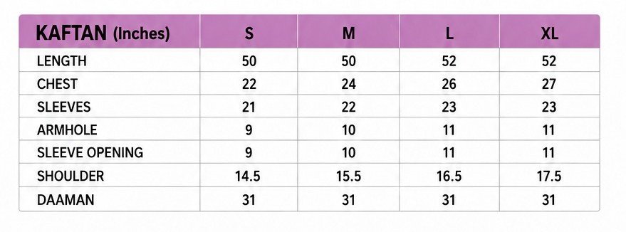 Rang De kaftan size guide