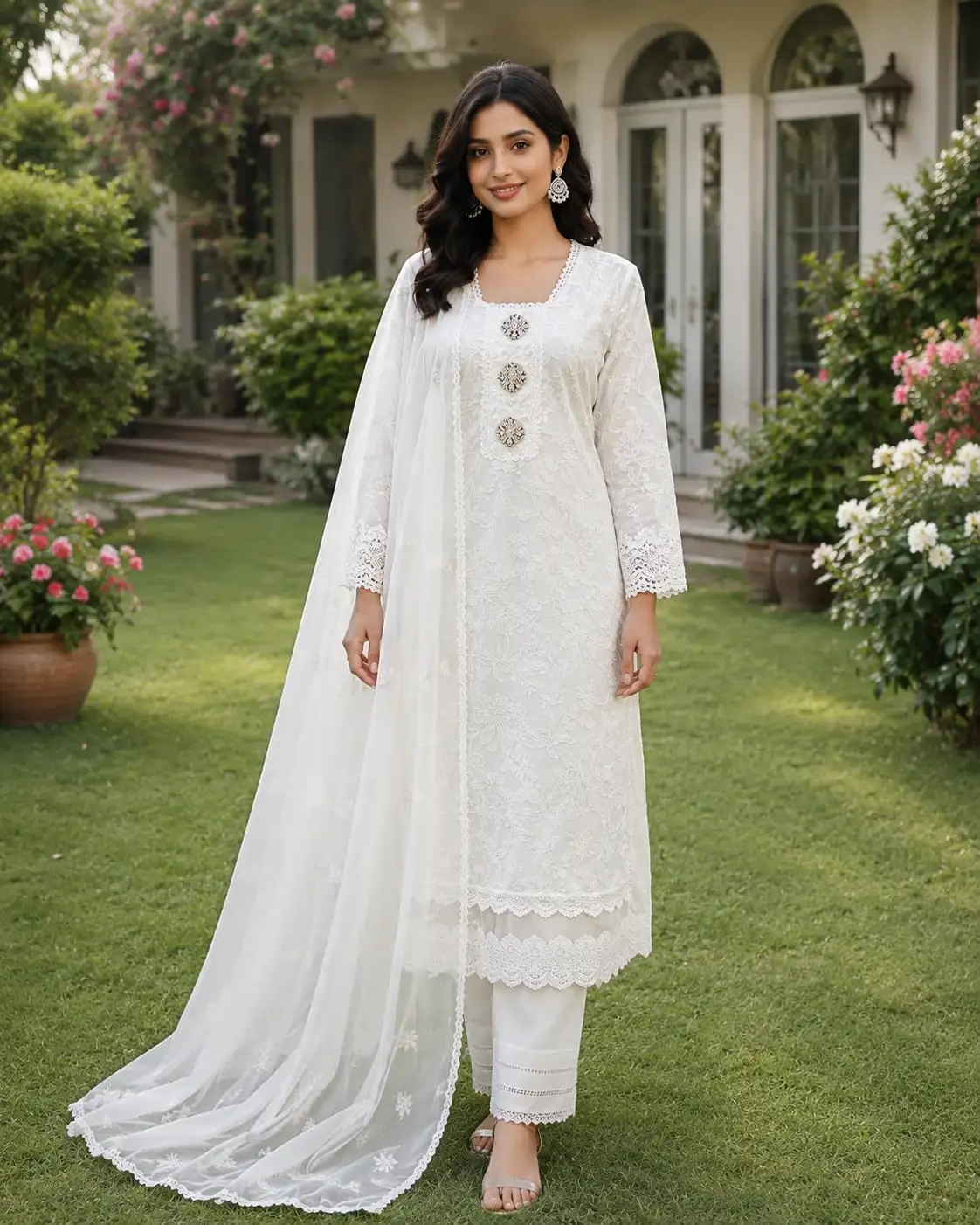 White Chicken Kari Cotton Suit with Chiffon Dupatta