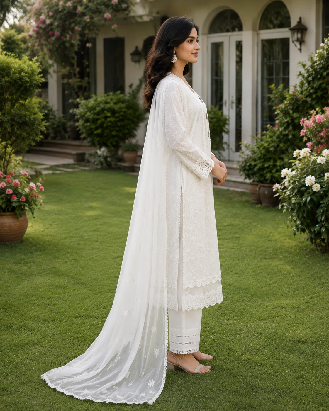 White Chicken Kari Cotton Suit with Chiffon Dupatta image 4