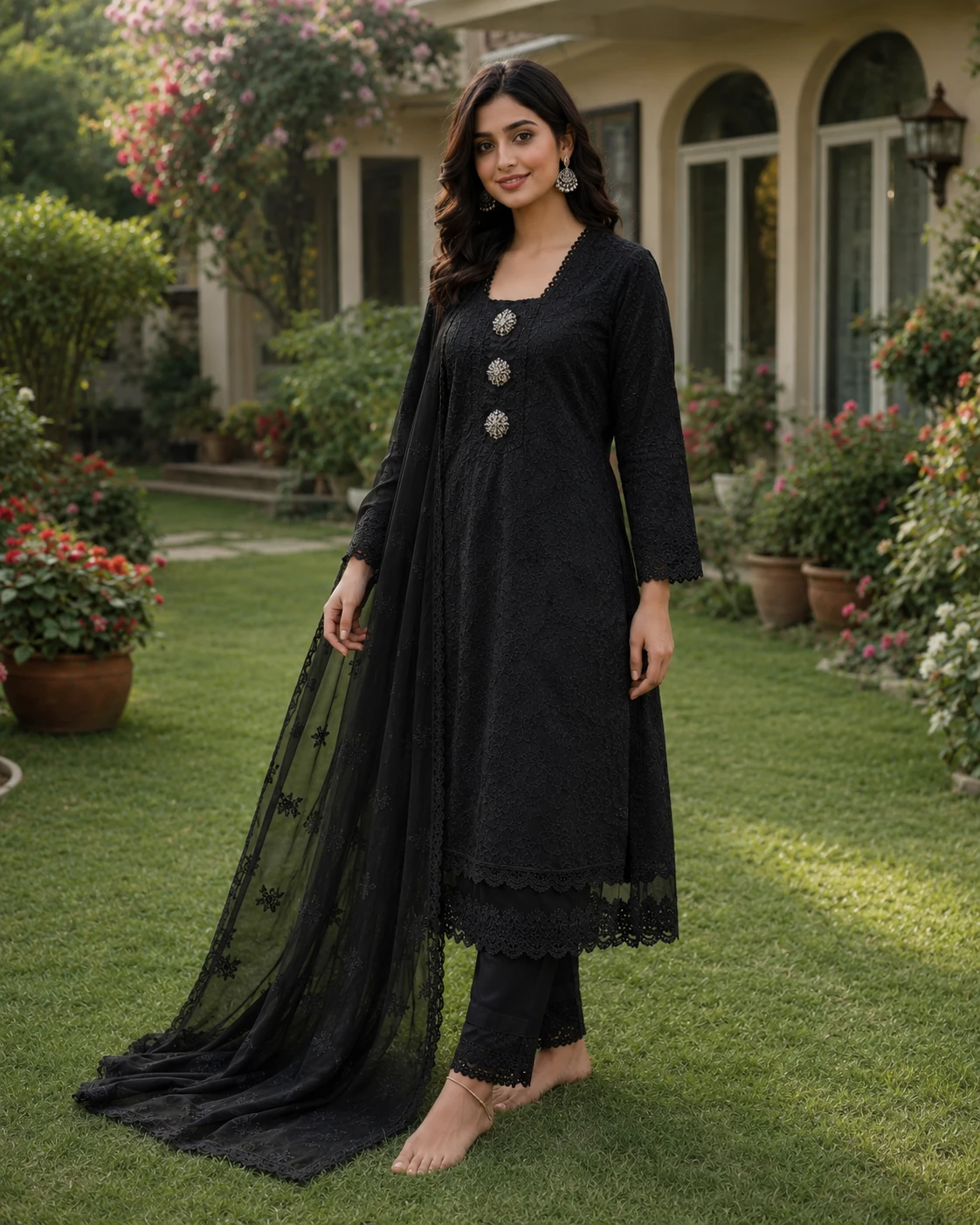 Black Chicken Kari Cotton Suit with Chiffon Dupatta image 4