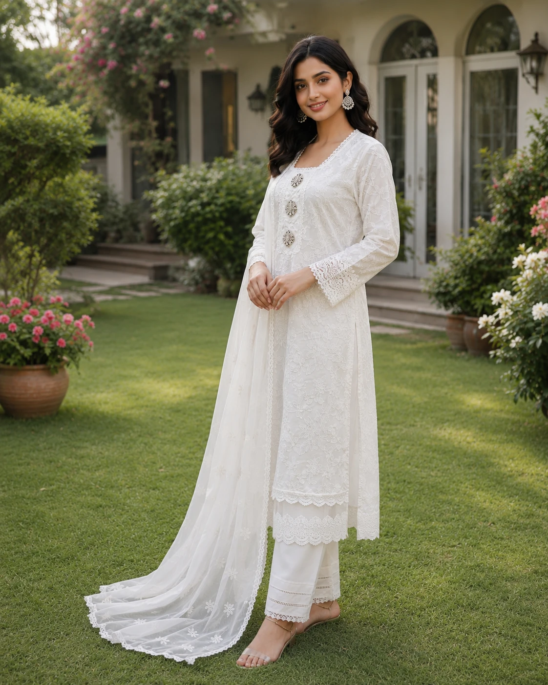 White Chicken Kari Cotton Suit with Chiffon Dupatta image 5