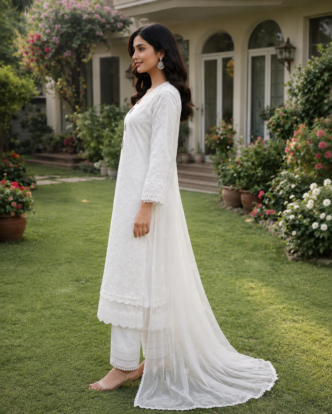 White Chicken Kari Cotton Suit with Chiffon Dupatta image 6