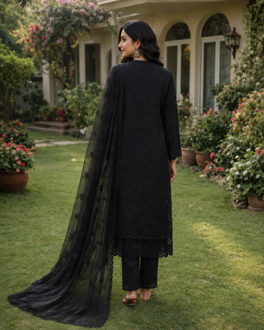 Black Chicken Kari Cotton Suit with Chiffon Dupatta image 3