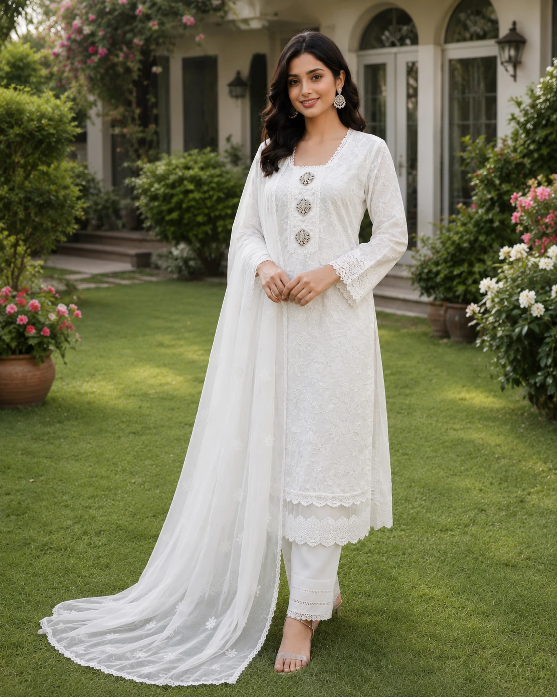 White Chicken Kari Cotton Suit with Chiffon Dupatta image 3