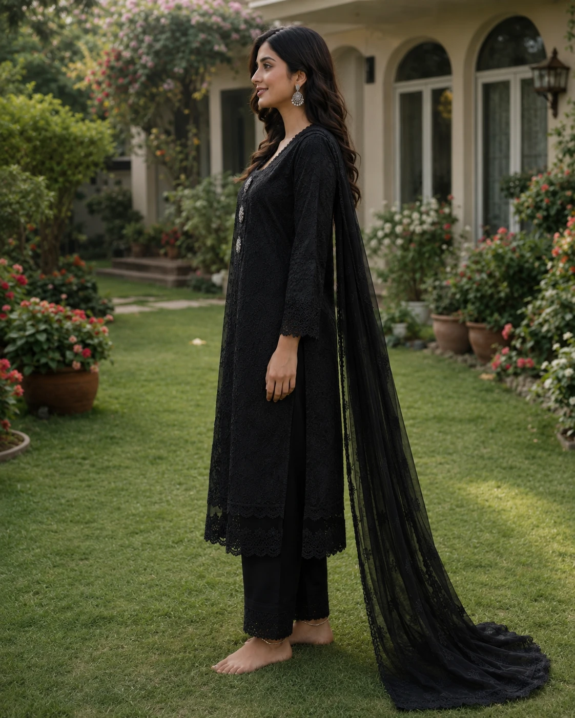 Black Chicken Kari Cotton Suit with Chiffon Dupatta image 6