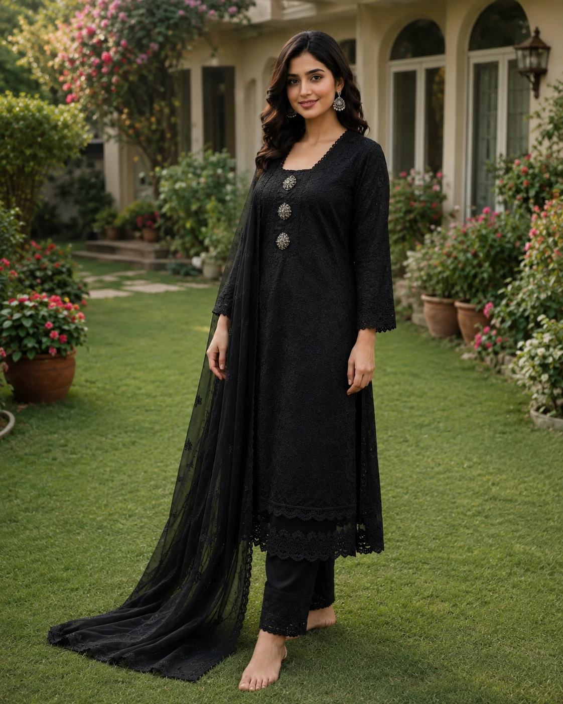 Black Chicken Kari Cotton Suit with Chiffon Dupatta image 5