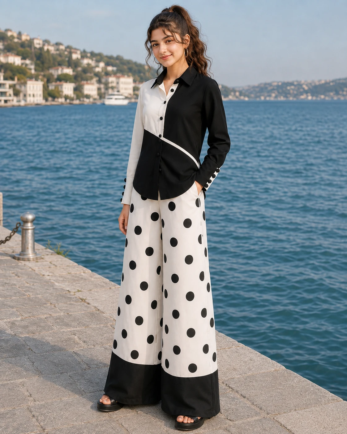 Black and White Polka Dot Butter Georgette Co-Ord Set image 3