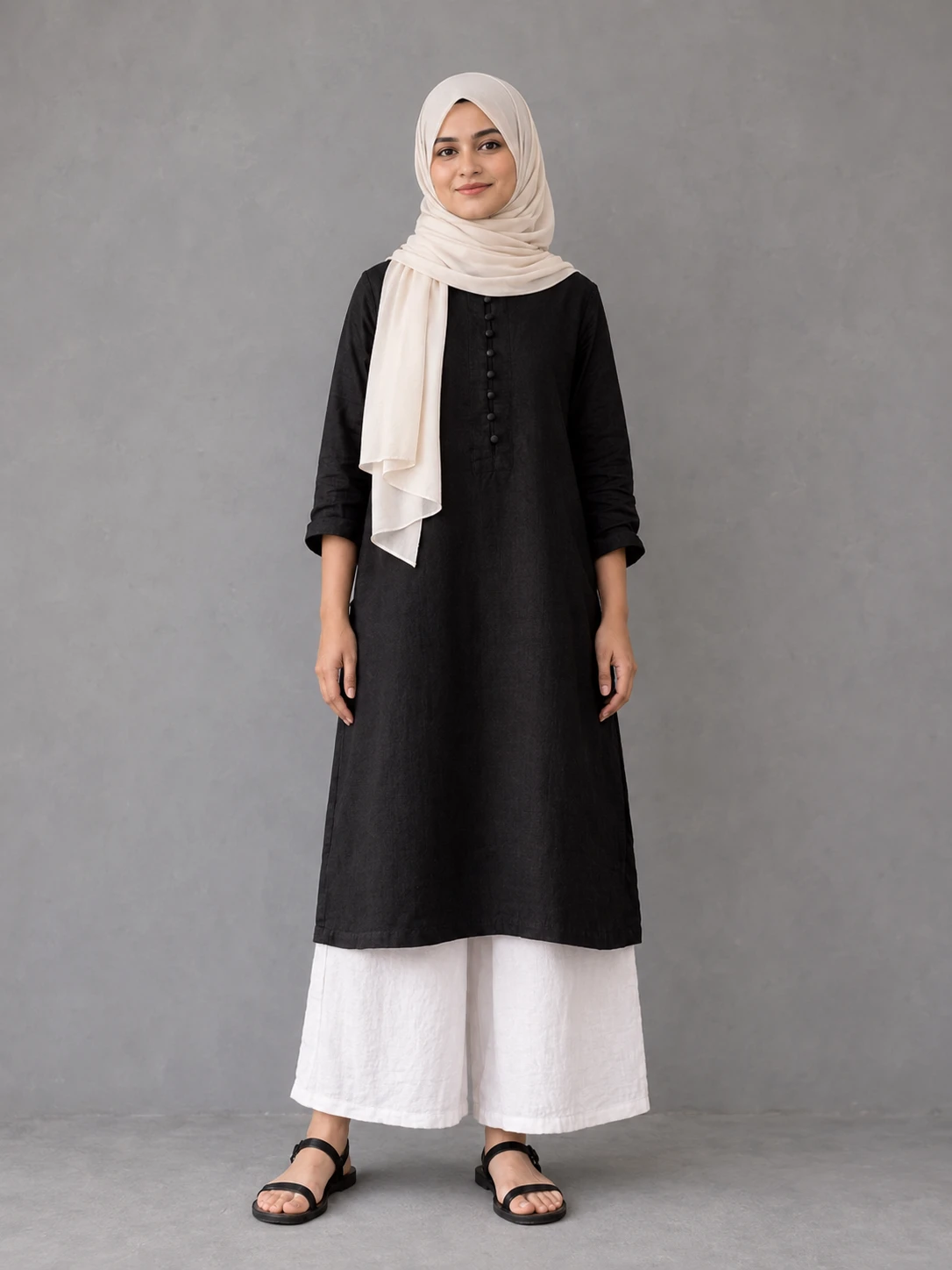 Black and White Cotton Suit with Chiffon Scarf