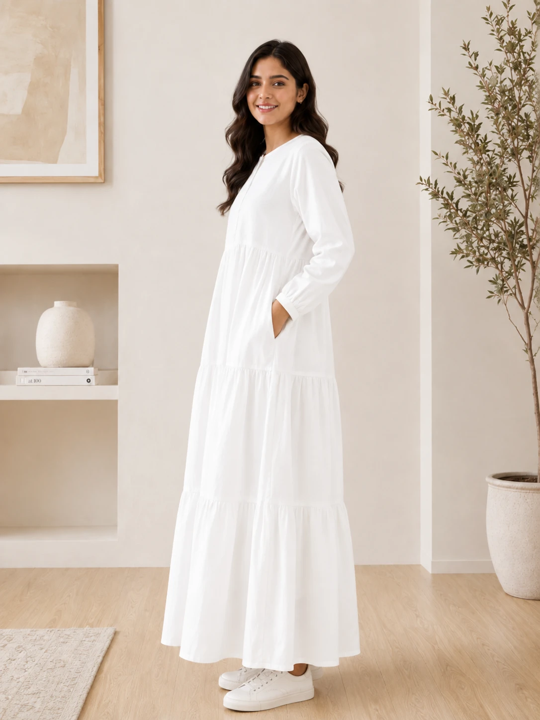 White Cotton Tiered Maxi Dress image 6