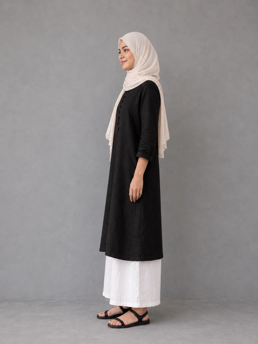 Black and White Cotton Suit with Chiffon Scarf image 3