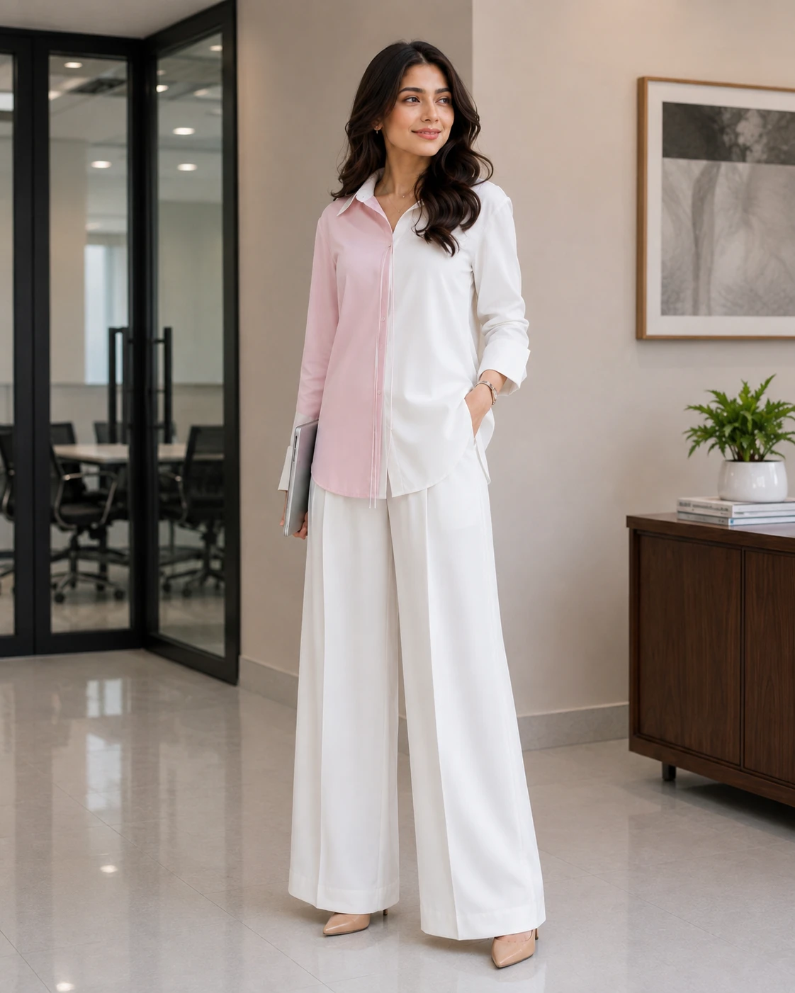 Pink and White Butter Georgette Collared Co-Ord Set image 3