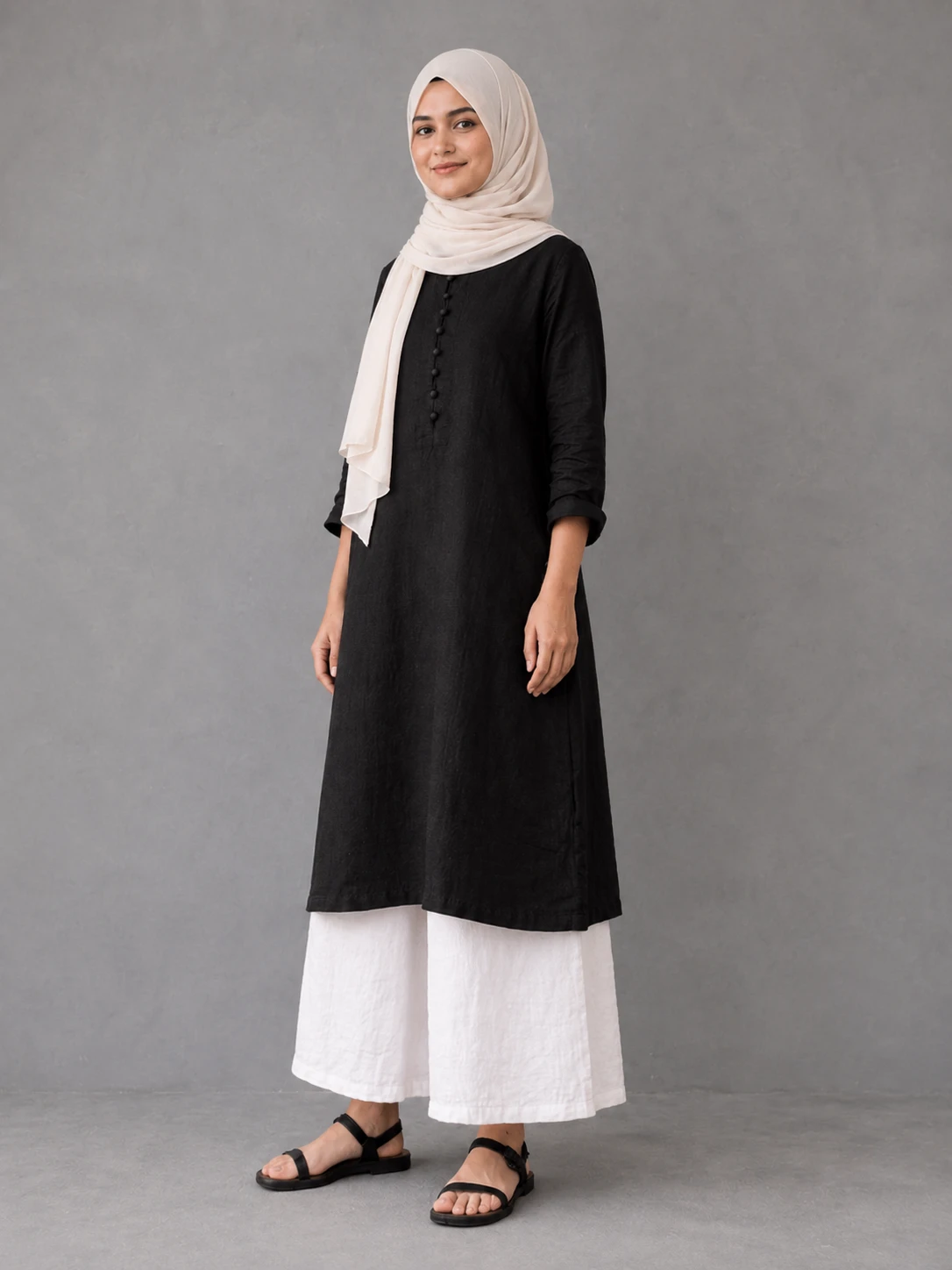 Black and White Cotton Suit with Chiffon Scarf image 5