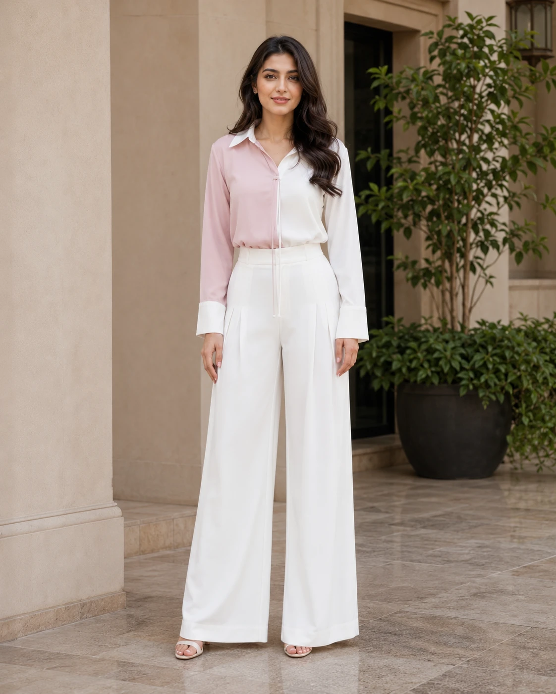 Pink and White Butter Georgette Collared Co-Ord Set
