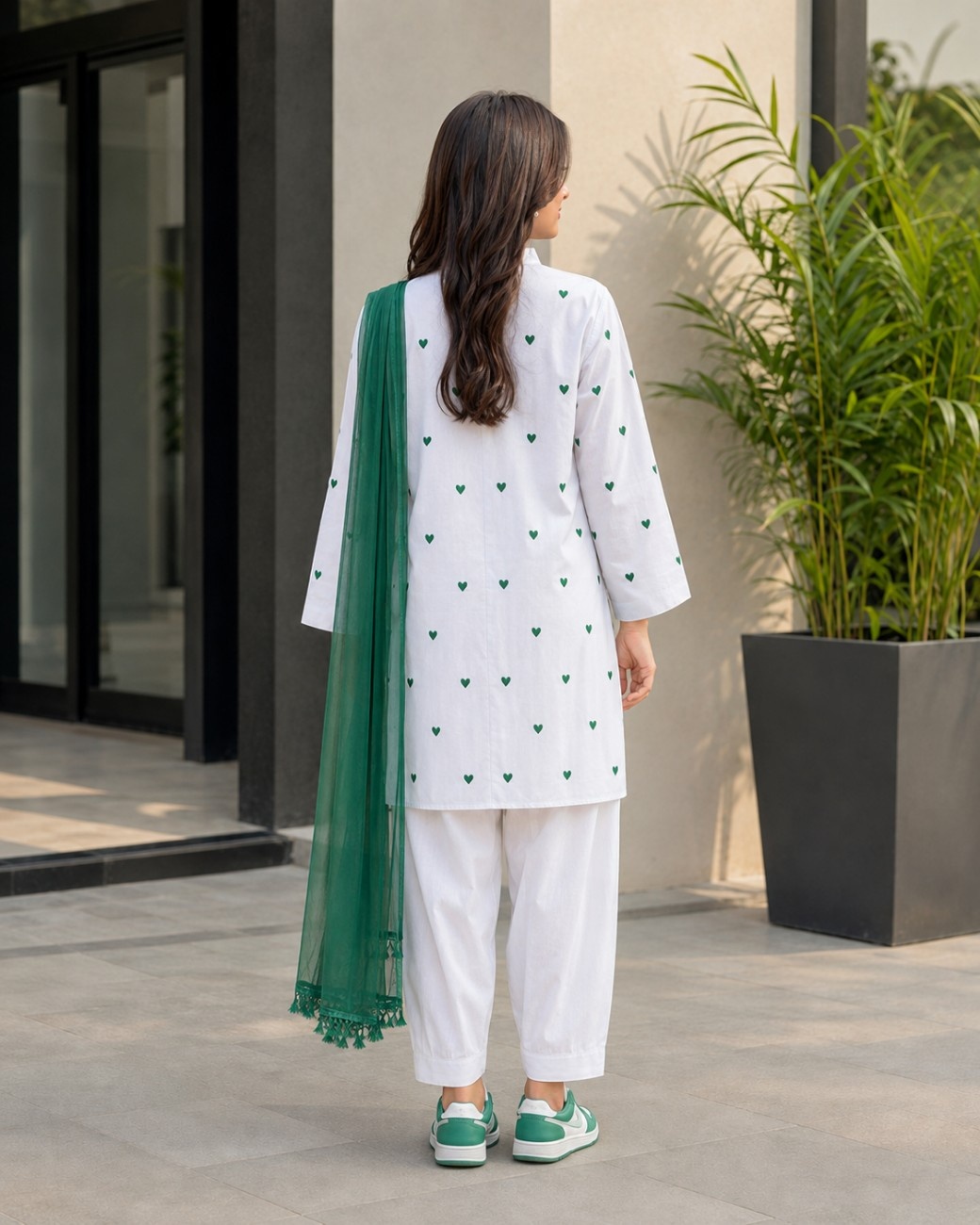 Independence Day Cotton Outfit with Green Heart Embroidery