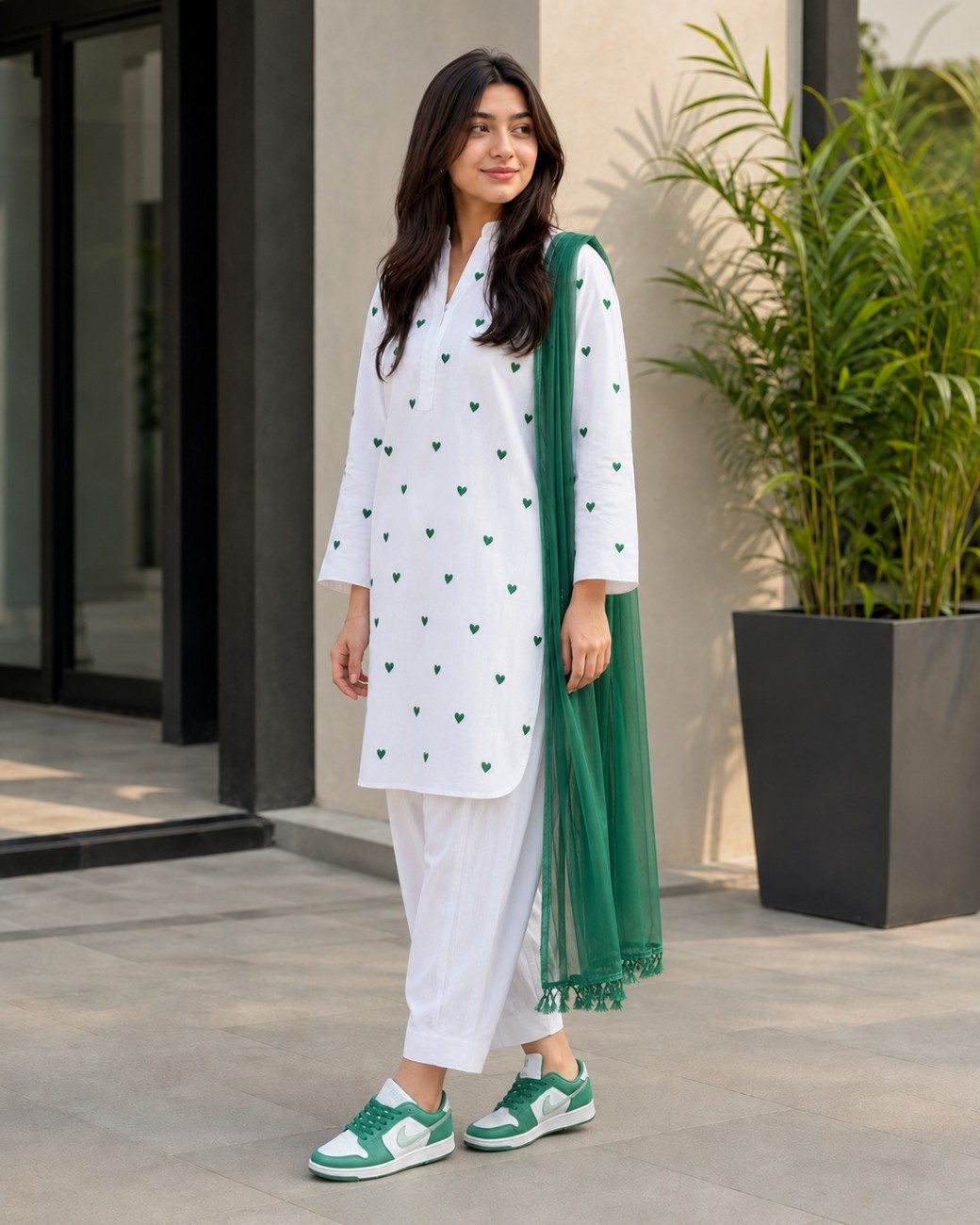 Independence Day Cotton Outfit with Green Heart Embroidery