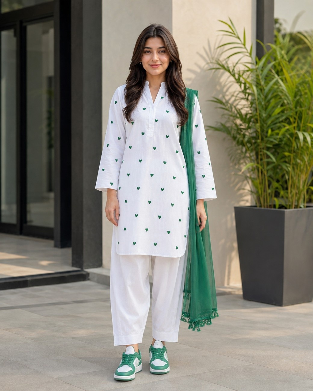 Independence Day Cotton Outfit with Green Heart Embroidery