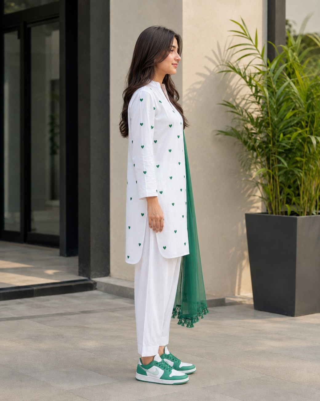 Independence Day Cotton Outfit with Green Heart Embroidery