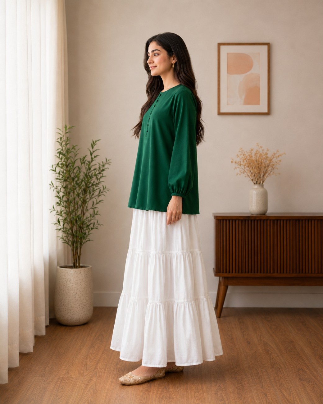 Independence Day Emerald Green Cotton Top & White Linen Skirt