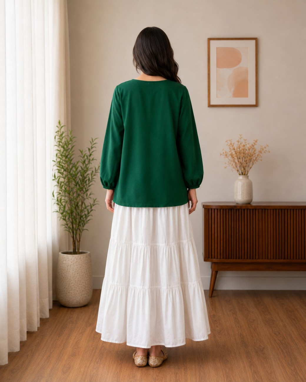 Independence Day Emerald Green Cotton Top & White Linen Skirt