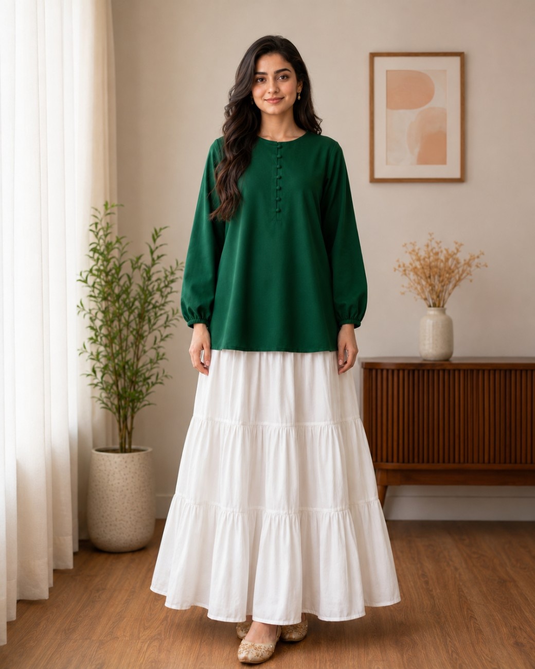 Independence Day Emerald Green Cotton Top & White Linen Skirt