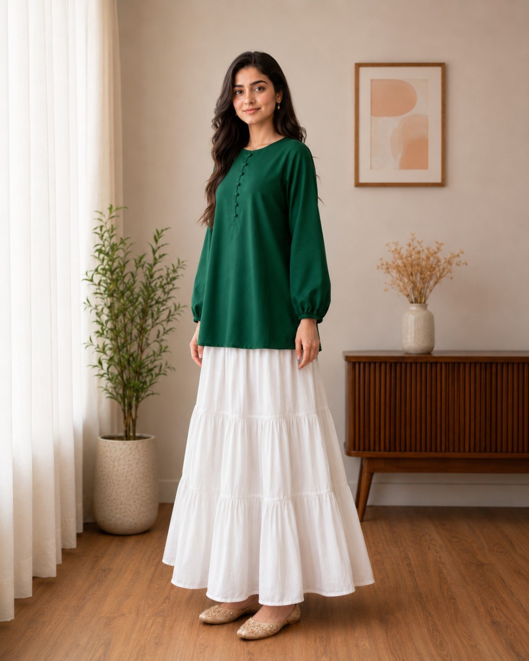 Independence Day Emerald Green Cotton Top & White Linen Skirt