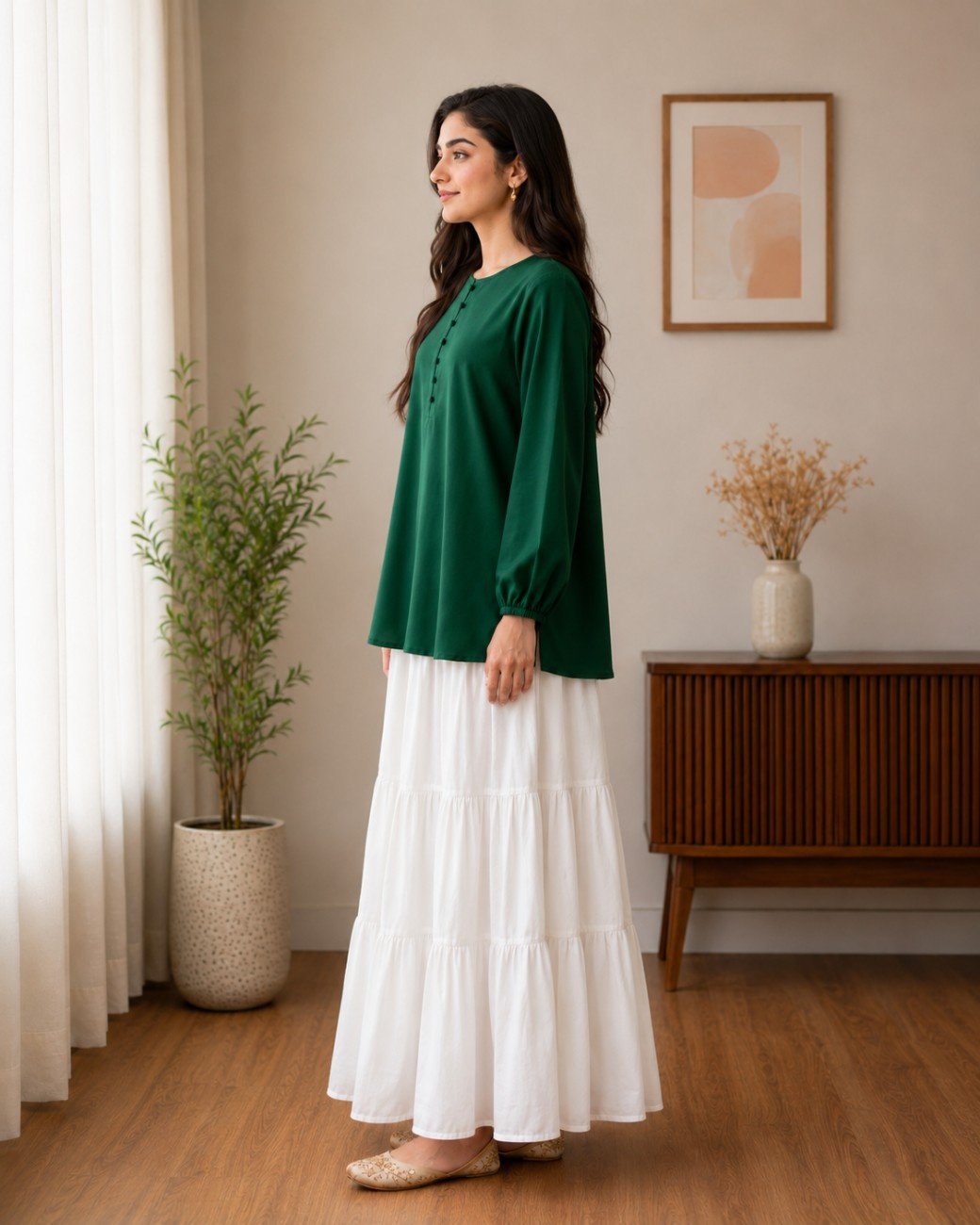 Independence Day Emerald Green Cotton Top & White Linen Skirt