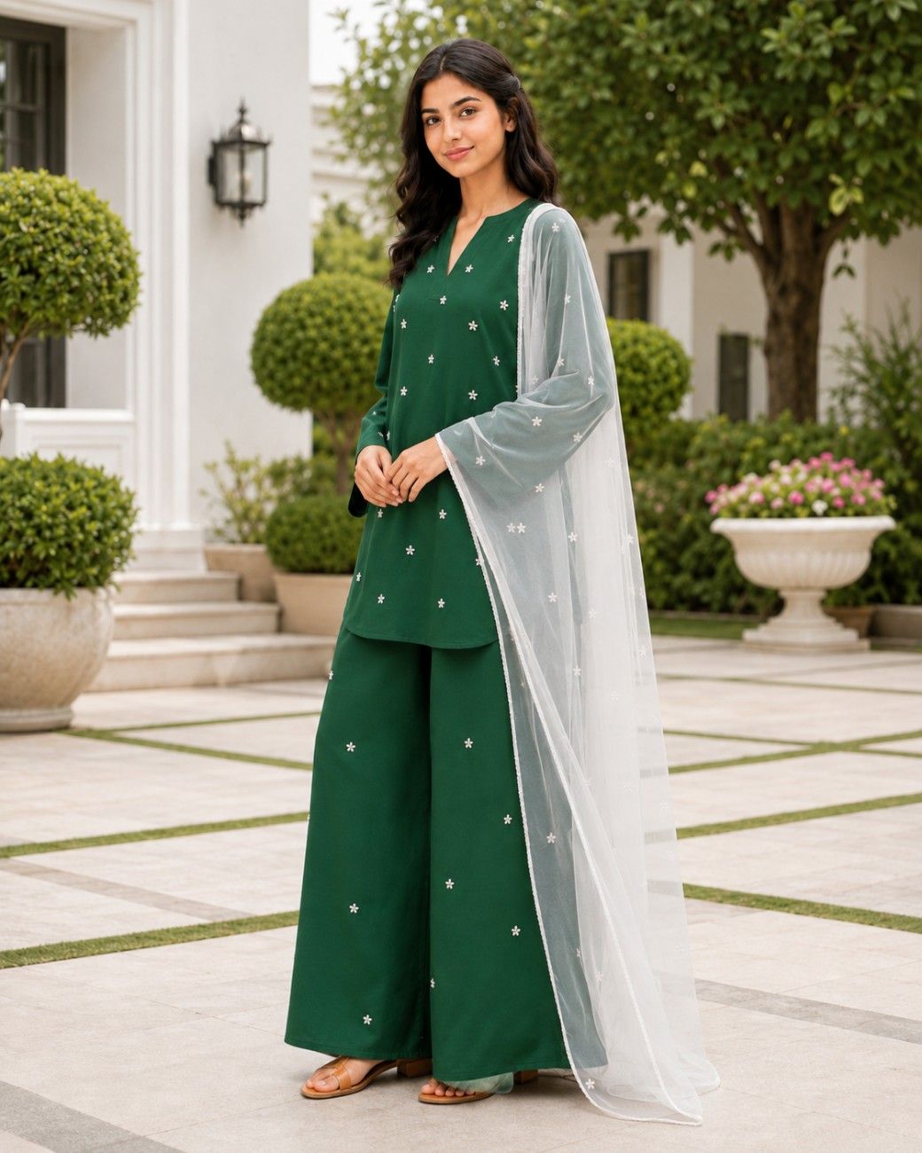Independence Day Green Linen 3-Piece Suit with White Net Dupatta