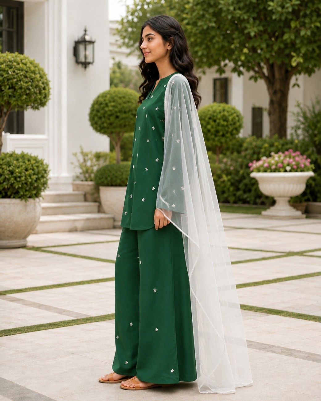 Independence Day Green Linen 3-Piece Suit with White Net Dupatta