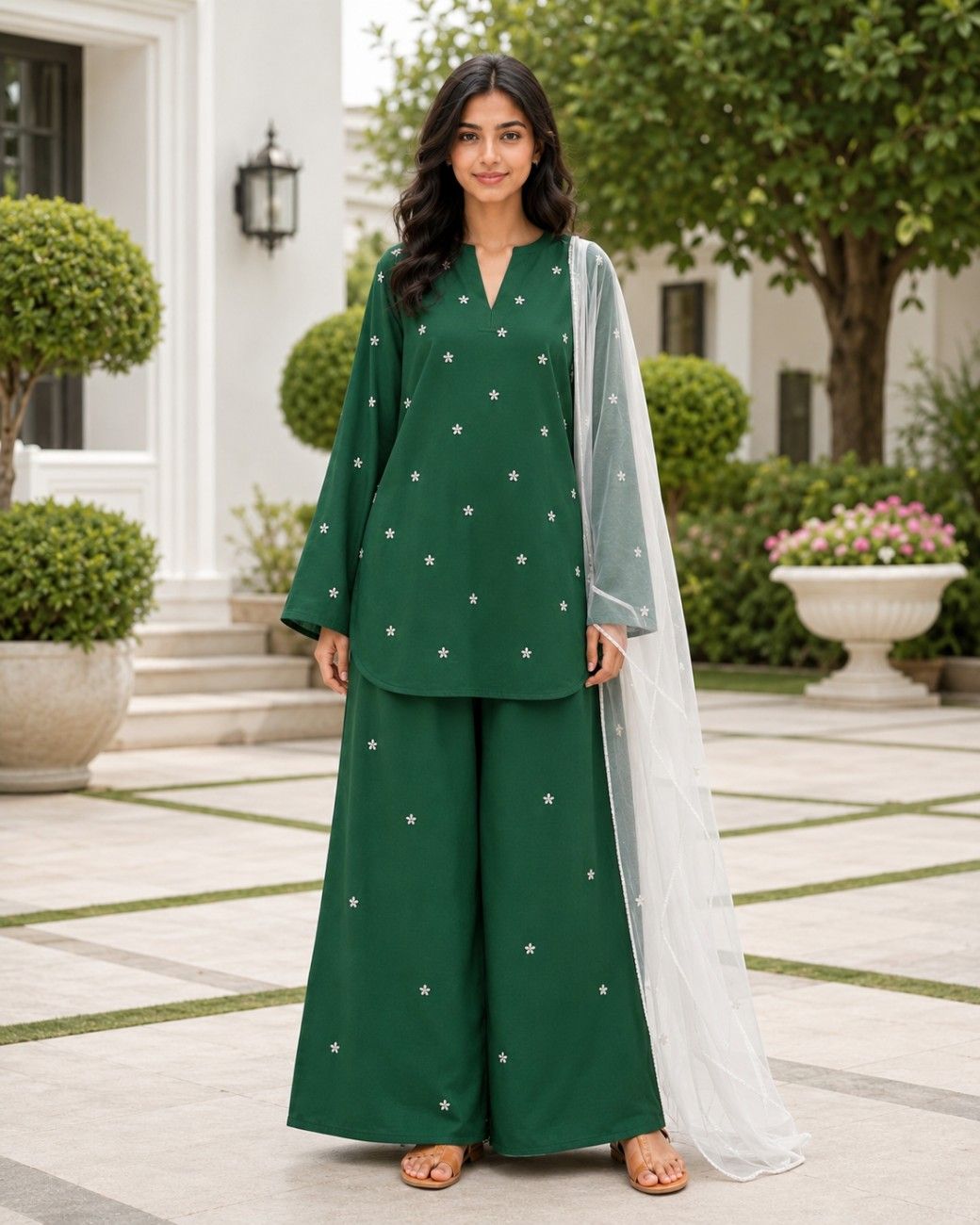Independence Day Green Linen 3-Piece Suit with White Net Dupatta
