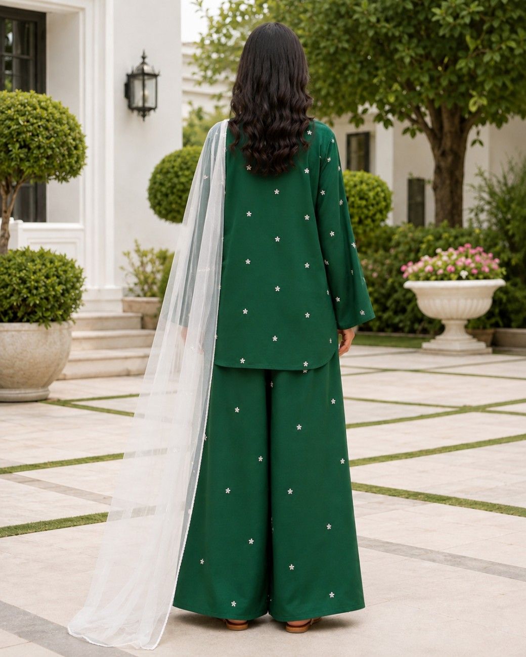 Independence Day Green Linen 3-Piece Suit with White Net Dupatta