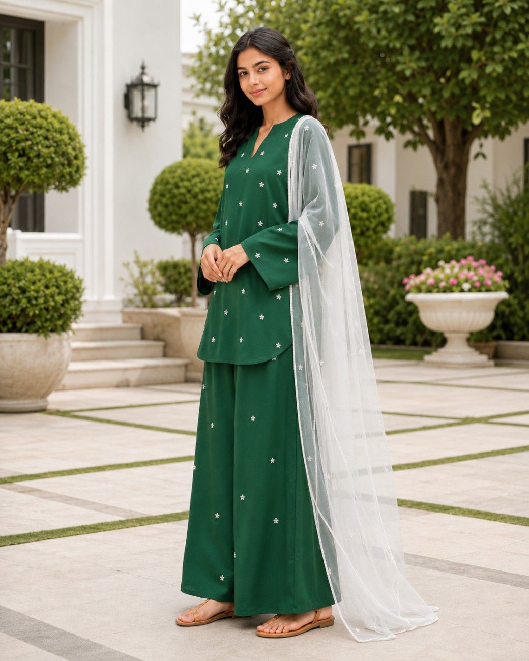 Independence Day Green Linen 3-Piece Suit with White Net Dupatta