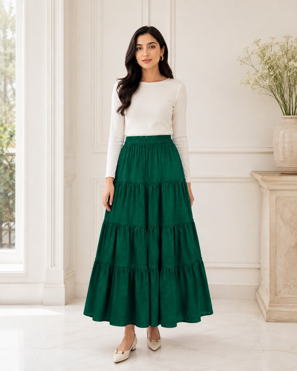 Independence Day Premium Green Cotton Long Skirt