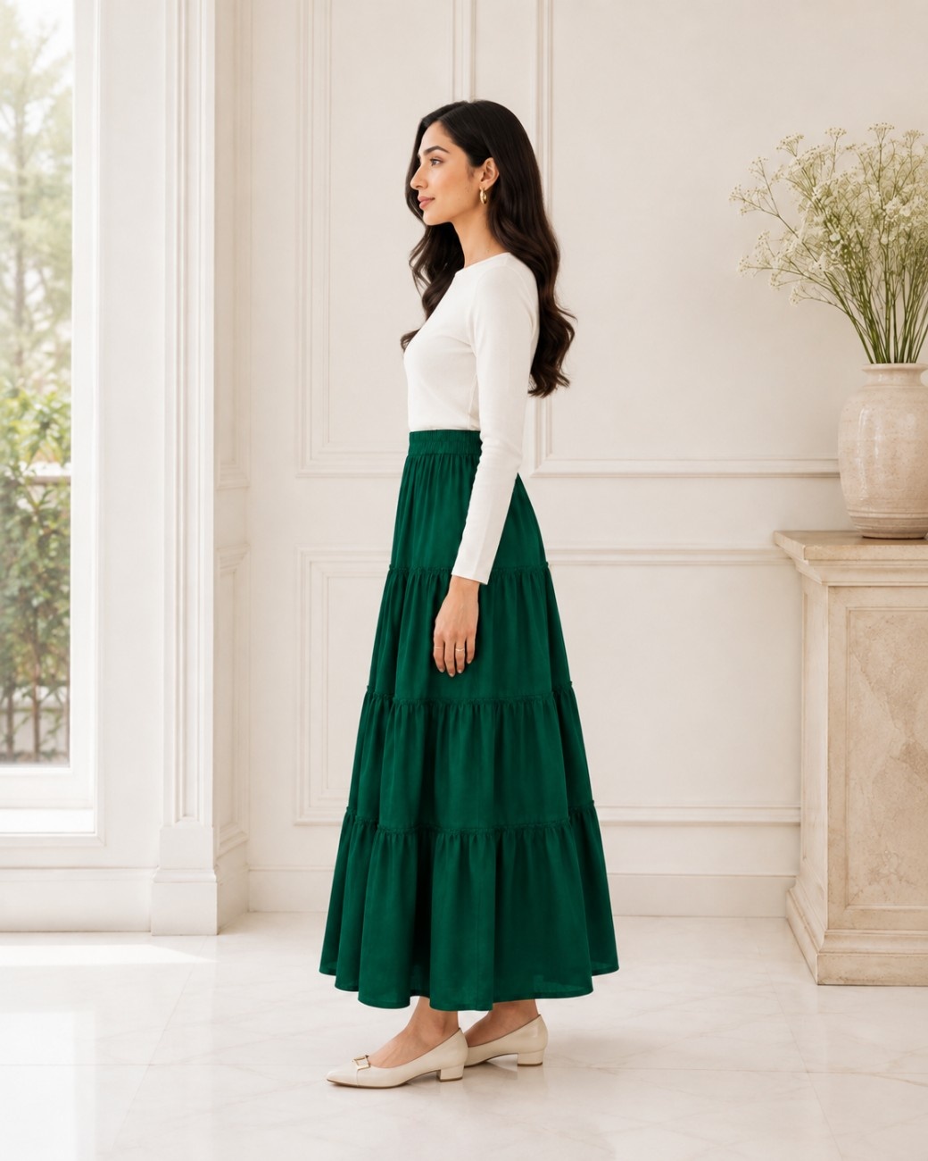 Independence Day Premium Green Cotton Long Skirt