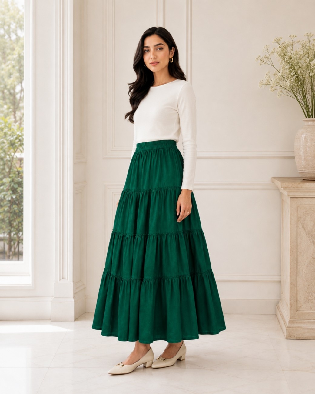 Independence Day Premium Green Cotton Long Skirt