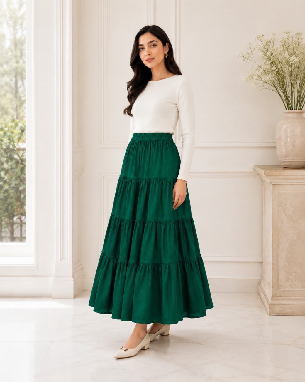 Independence Day Premium Green Cotton Long Skirt
