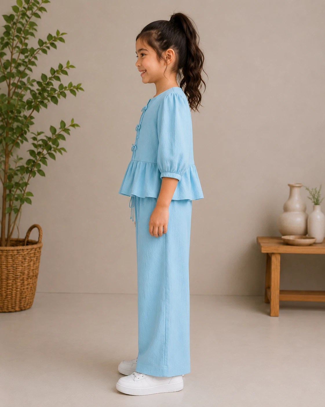 Wrinkle Linen Peplum Top and Palazzo Pant