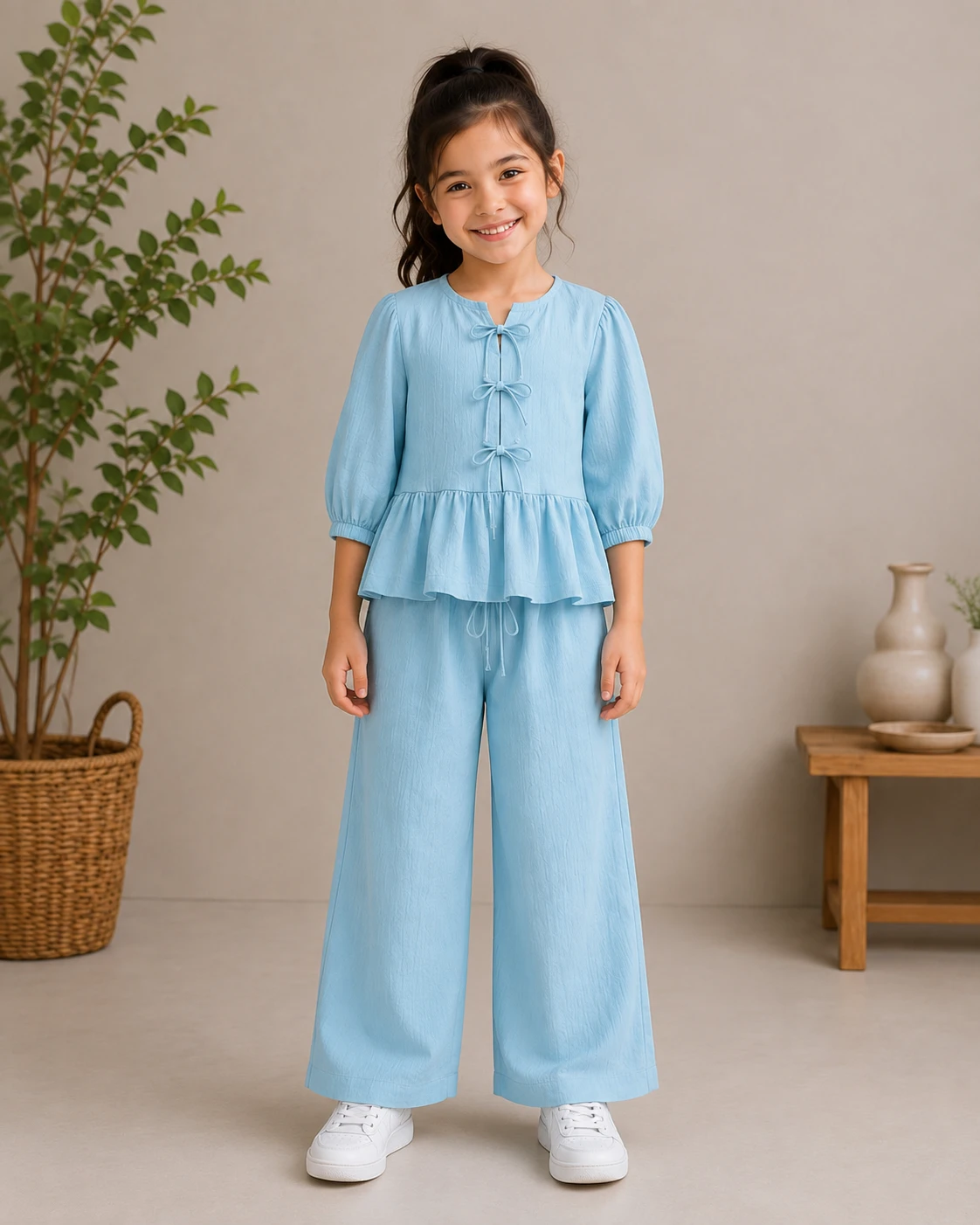 Wrinkle Linen Peplum Top and Palazzo Pant