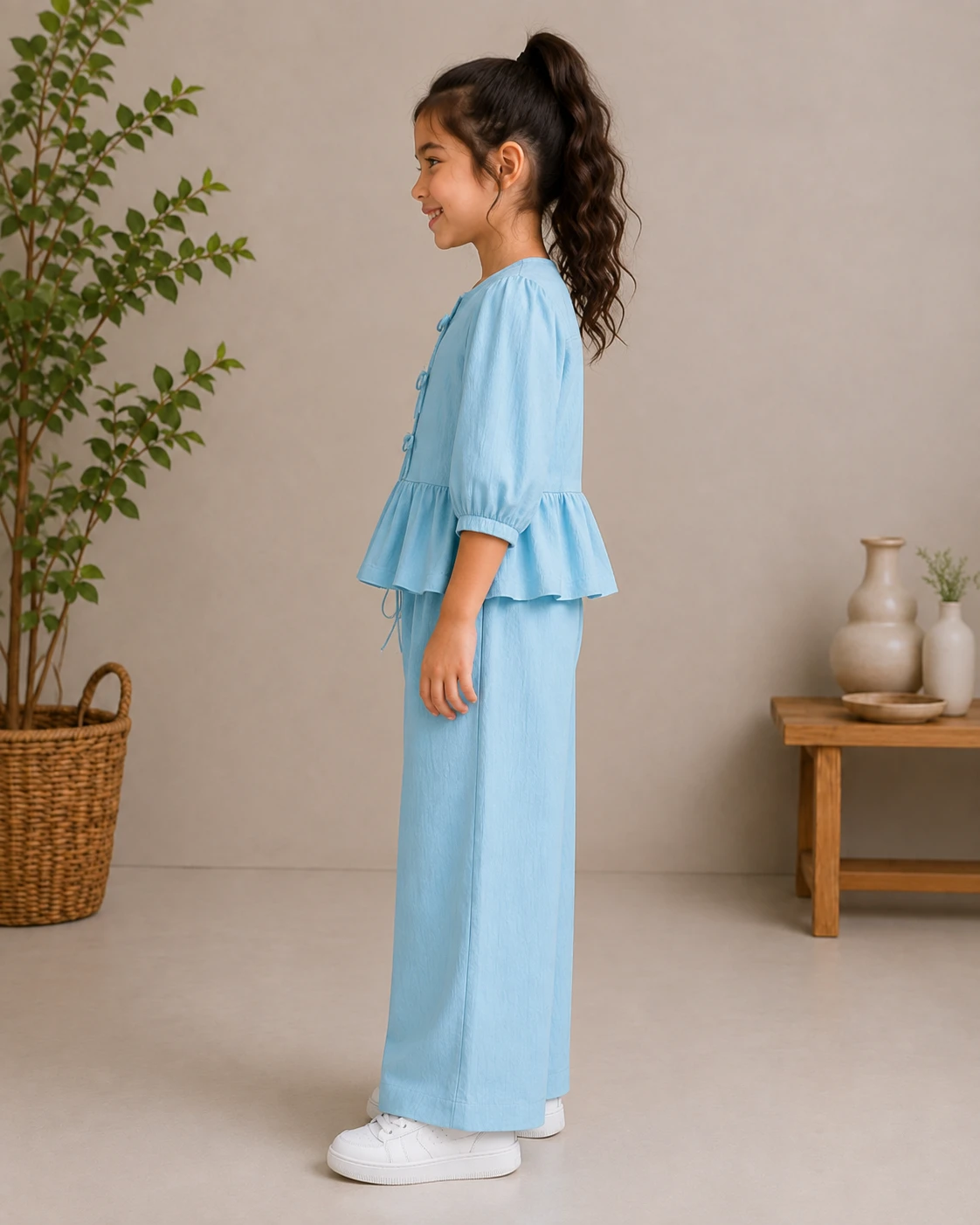 Wrinkle Linen Peplum Top and Palazzo Pant