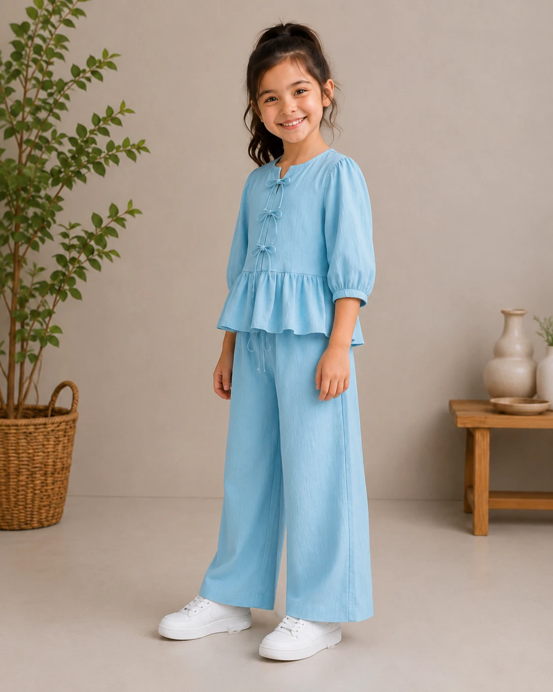Wrinkle Linen Peplum Top and Palazzo Pant