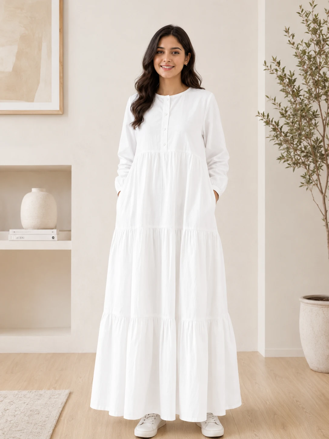 White Cotton Tiered Maxi Dress