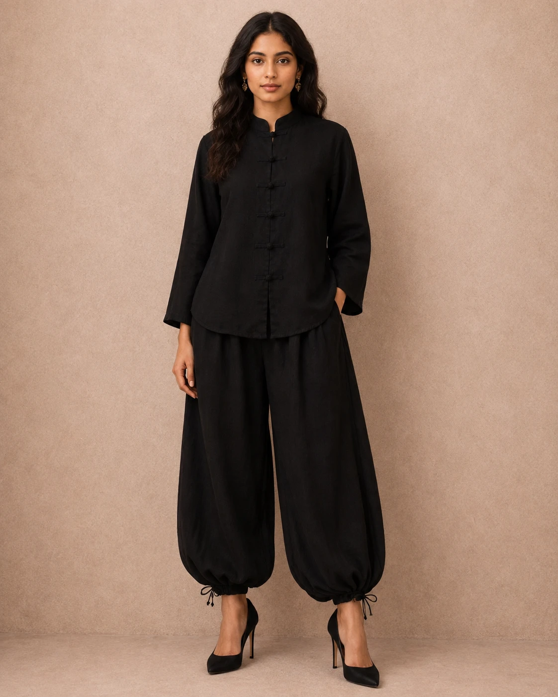 Black Balloon Shalwar with Short Shirt - Irish Georgette