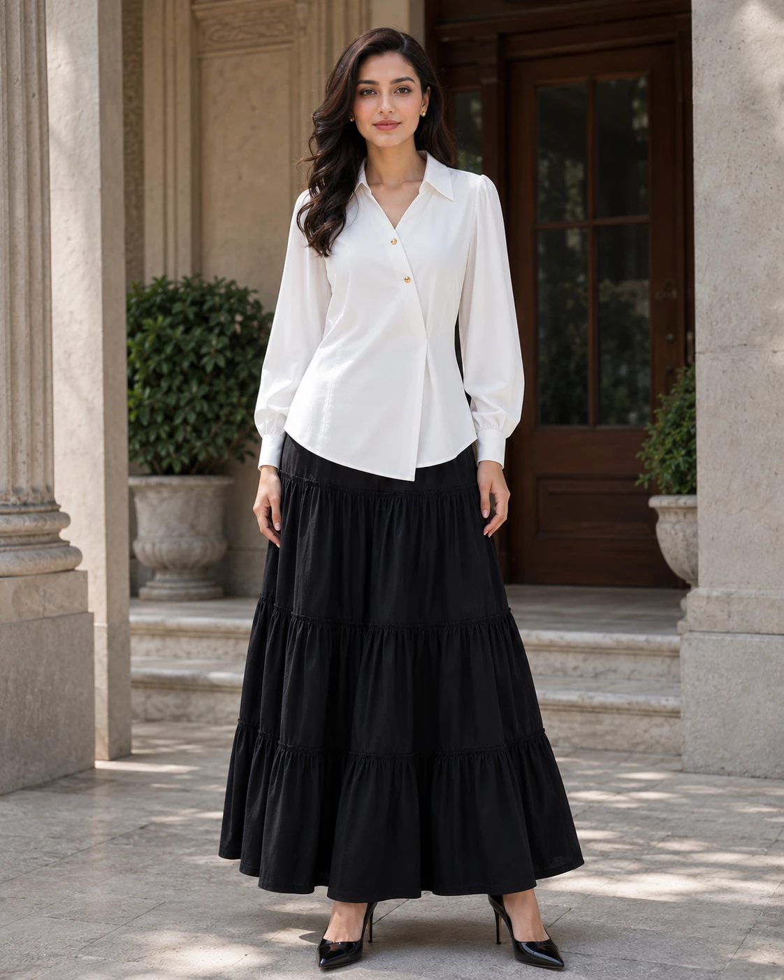 Premium White Cotton Collared Shirt and Skirt Set