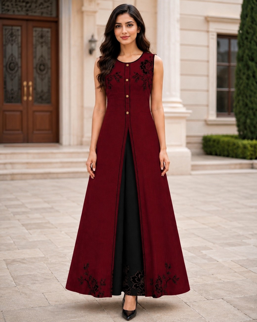 Embroidered Korean Raw Silk Gown and Trouser