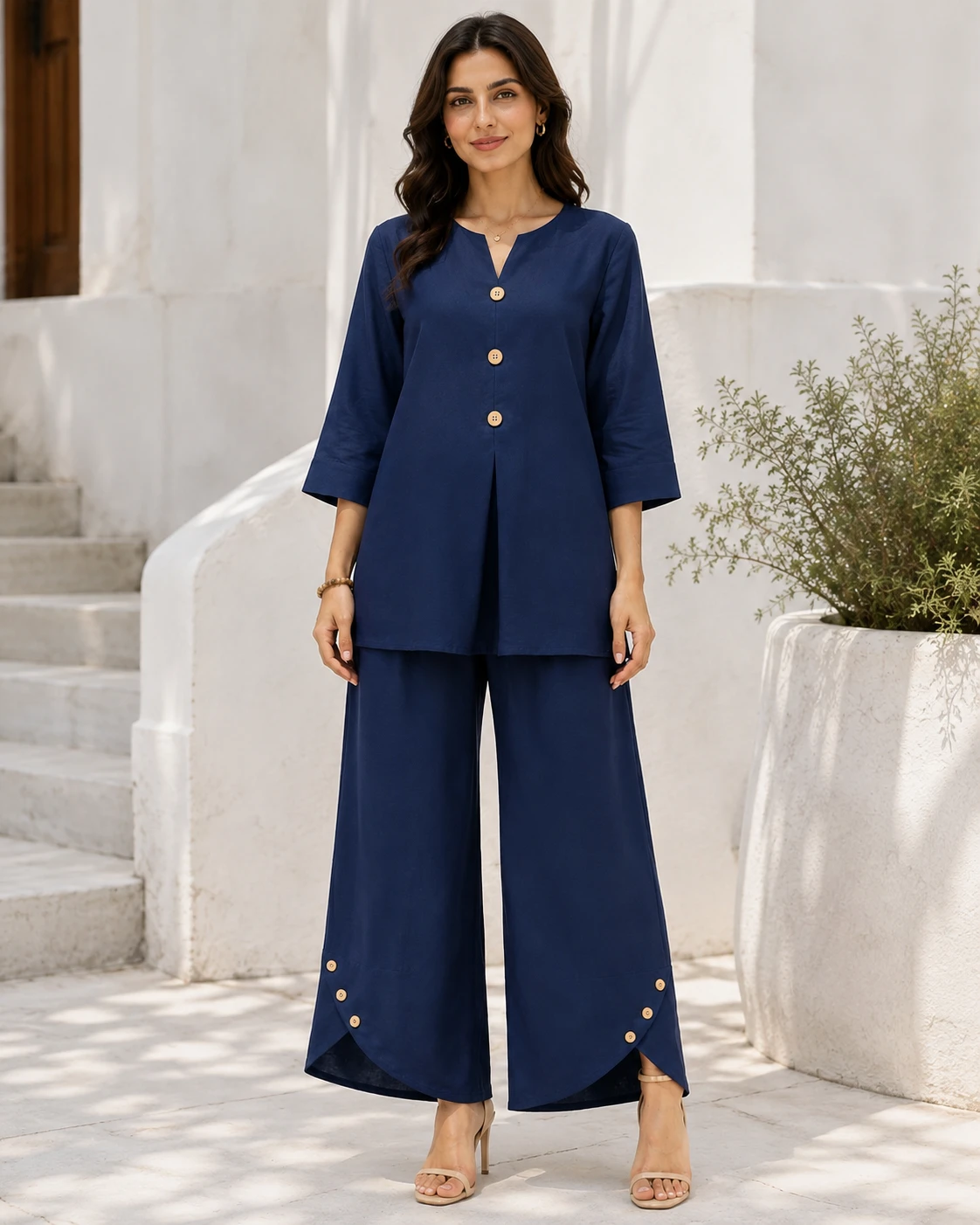 Dark Blue Zoom Georgette V-Notch Co-Ord Set