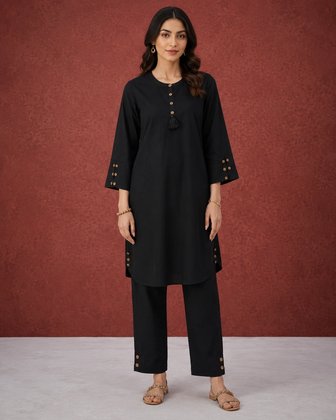 Black Wooden Button Cotton Suit