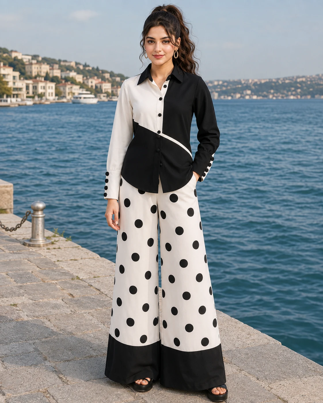 Black and White Polka Dot Butter Georgette Co-Ord Set