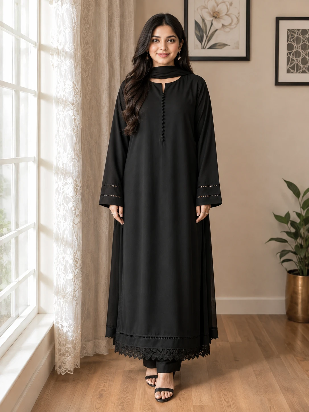Black Cotton Suit 2pc with Lace Detailing
