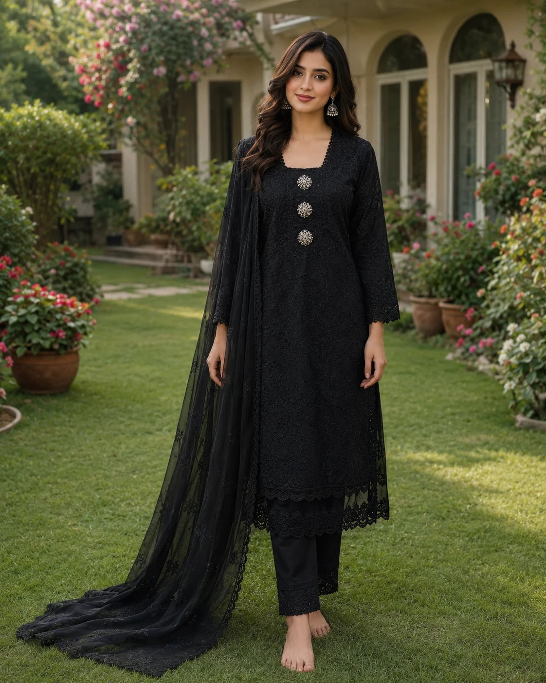 Black Chicken Kari Cotton Suit with Chiffon Dupatta