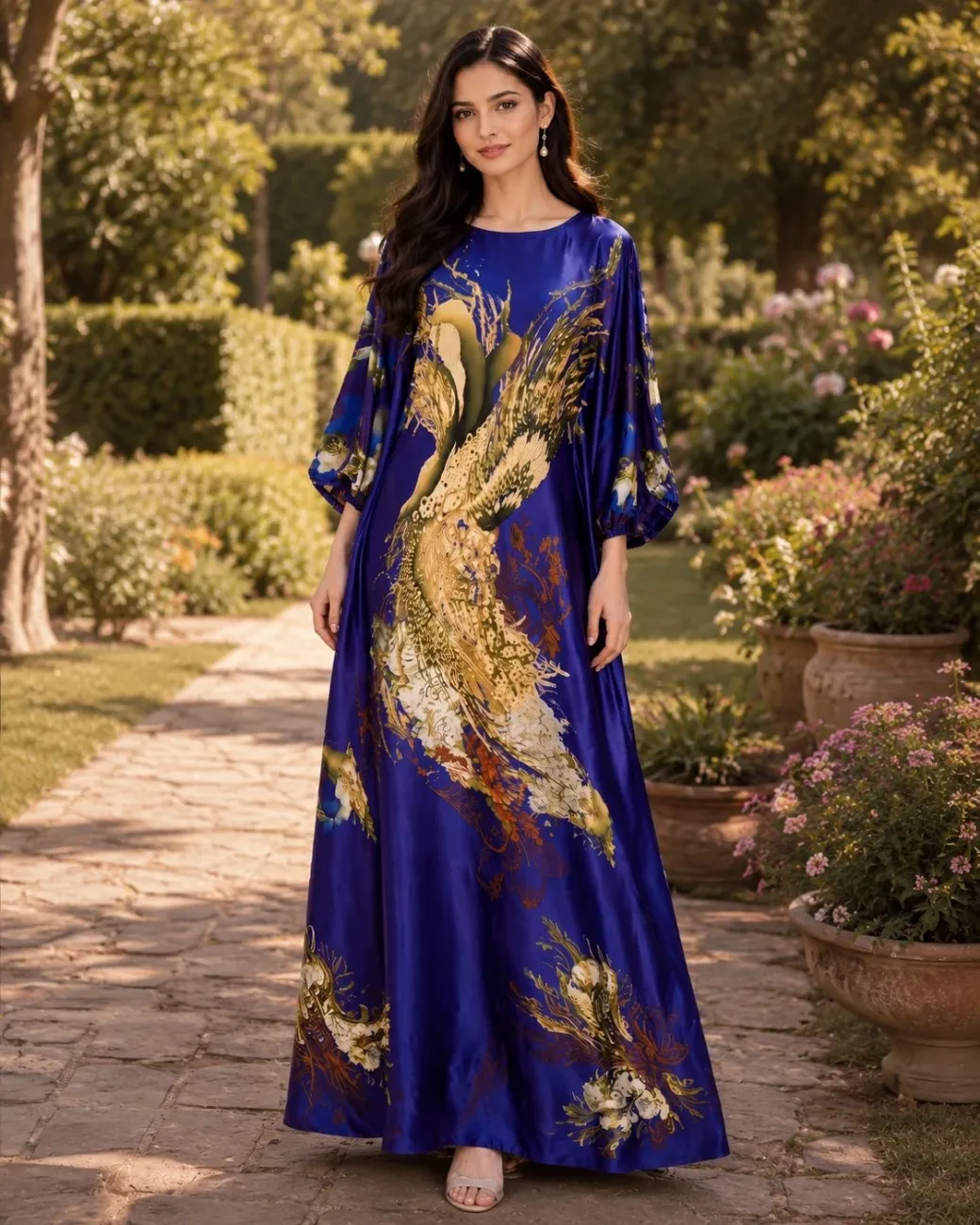 Flowy Digital Print Silk Long Kaftan
