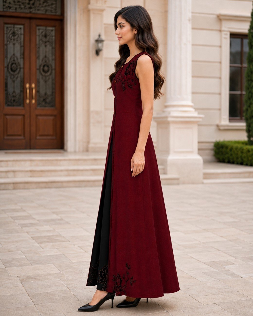 Embroidered Korean Raw Silk Gown and Trouser
